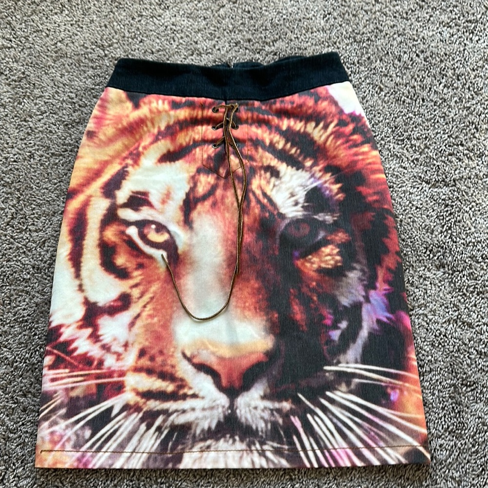 Y2K bratz lion animal midi denim skirt 90s 80s vintage fall all over print